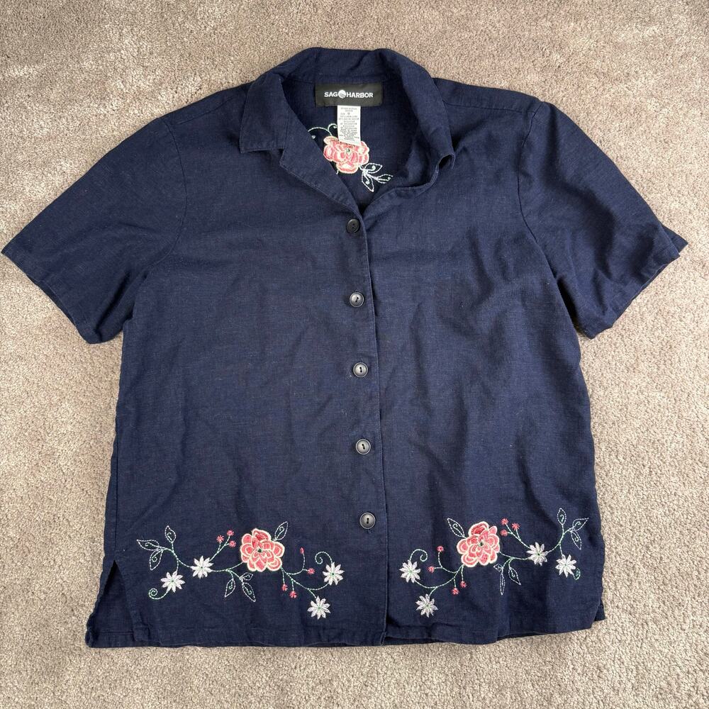 Vtg Floral Embroidered Linen Blend Button Up Shirt Navy Size 8 Sag Harbor Summer